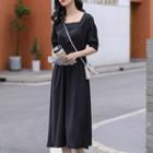 Square Collar Plain Chiffon Midi Dress Black - One Size
