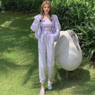 Zip-up Hooded Jacket + Spaghetti Strap Top + Drawstring Pants