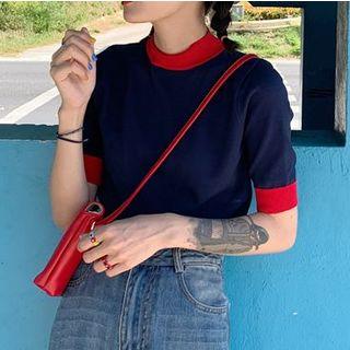 Short-sleeve Mock Neck Contrast Edge Knit Top Red & Blue - One Size
