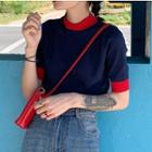 Short-sleeve Mock Neck Contrast Edge Knit Top Red & Blue - One Size