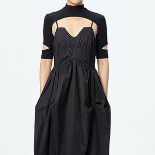 Spaghetti Strap Midi A-line Dress / Short-sleeve Shrug