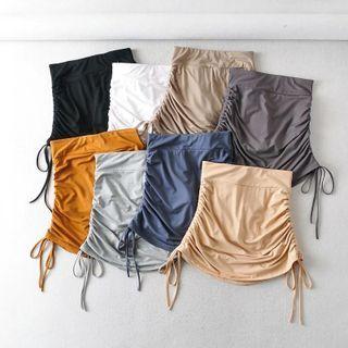 High-waist Side-drawstring Plain Mini Skirt