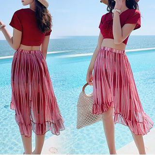 Set: Drawstring Short-sleeve Tankini + Cover Up
