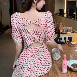 Elbow-sleeve V-neck Cherry Print Cut Out Midi A-line Dress