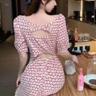 Elbow-sleeve V-neck Cherry Print Cut Out Midi A-line Dress