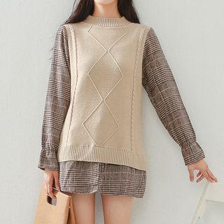 Mock Two Piece Mock Neck Knit Panel Top As Shown In Figure - One Size