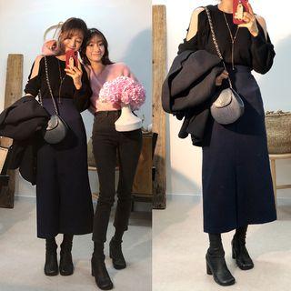 Slit-front Midi Wool Blend Skirt