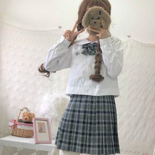 Long-sleeve Embroidered Shirt / Bow Tie / Mini Plaid Pleated Skirt