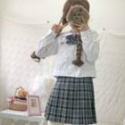 Long-sleeve Embroidered Shirt / Bow Tie / Mini Plaid Pleated Skirt