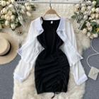Set: Plain Shirt + Spaghetti Strap Drawstring Mini Sheath Dress Set - Shirt - Black - One Size / Dress - Black - One Size