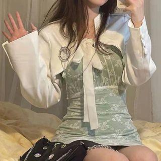 Set : Lace Spaghetti-strap Dress + Bow Strap Top