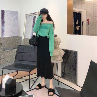 Lettering Off-shoulder Pullover / Back-slit High-waist Midi A-line Skirt
