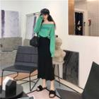 Lettering Off-shoulder Pullover / Back-slit High-waist Midi A-line Skirt