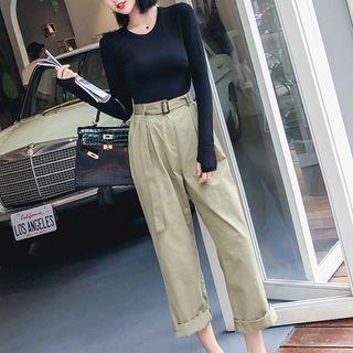 Set: Plain Long-sleeve Top + Crop Straight Fit Pants