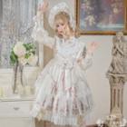 Printed Bow Accent Long-sleeve A-line Dress / Lace Trim Bonnet Hat