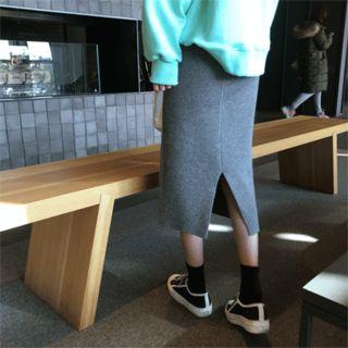 Slit-black Wool Blend Midi Knit Skirt