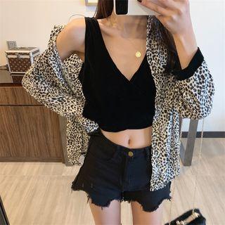 Set: Long-sleeve Leopard Print Shirt + Vest