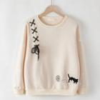 Long-sleeve Cat Embroidered Lace-up Hoodie