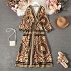 Printed V-neck Tie-waist Midi A-line Dress