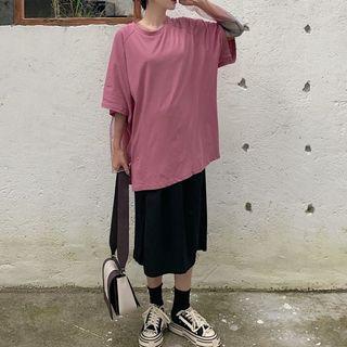 Set: Loose-fit Plain T-shirt + Sheer Camisole + Slit-side Skirt