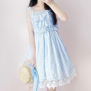Sleeveless Plaid A-line Dress / Straw Hat