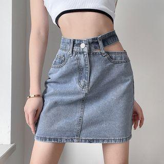 Cutout Denim Mini Pencil Skirt