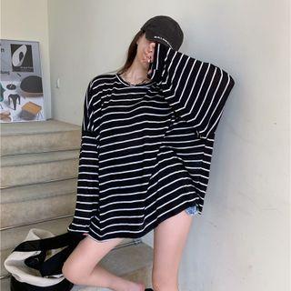 Round Neck Long Sleeve Oversized Striped Top Stripes - Black & White - One Size