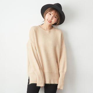 Drop Shoulder Slit-side Knit Top