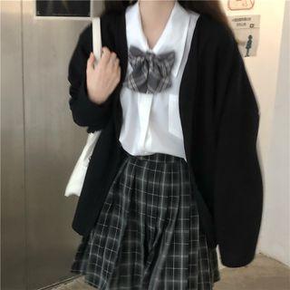 Shirt / Plaid Bow / Plaid Pleated Mini A-line Skirt / Cardigan / Set