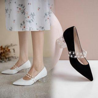 Block Heel Pointed Faux Pearl Mary Jane Pumps