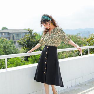 Leaf Print Elbow-sleeve Blouse / High-waist Midi A-line Skirt