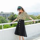 Leaf Print Elbow-sleeve Blouse / High-waist Midi A-line Skirt