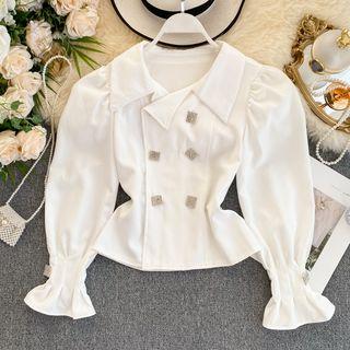 Rhinestone Double-breasted Cropped Peplum Blouse