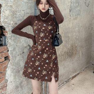 Turtle-neck Long-sleeve Top / Floral Sleeveless Dress