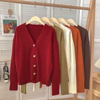 Plain V-neck Knit Sweater Jacket