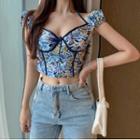 Puff-sleeve Floral Print Cropped Blouse Blue - One Size