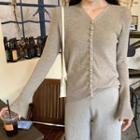 Buttoned Rib Knit Top / Cropped Straight-cut Knit Pants