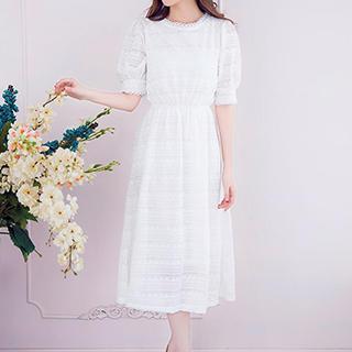 Elbow-sleeve Lace A-line Midi Dress