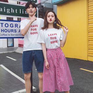 Couple Matching Lettering Short-sleeve T-shirt / Plaid Midi A-line Skirt