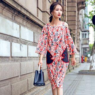 3/4-sleeve Printed Cutout Midi Dress