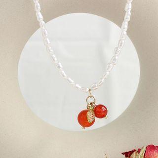 Cherry Bead Pendant Faux Pearl Necklace White & Red & Gold - One Size