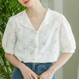 Short-sleeve Eyelet Beaded Blouse