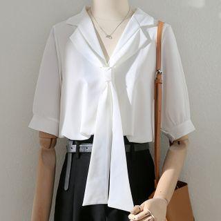 Elbow-sleeve V-neck Necktie Shirt