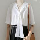 Elbow-sleeve V-neck Necktie Shirt
