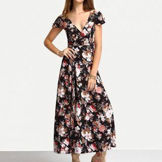 Floral Print V-neck A-line Maxi Dress