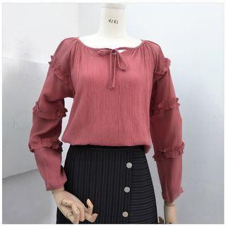 Long-sleeve Frilled Trim Plain Blouse
