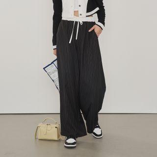 Plain Striped Lace-up Wide-leg Pants