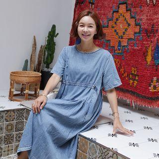 Drawcord Shirred Long Denim Dress Blue - One Size