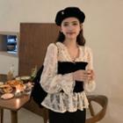 Bell-sleeve Lace Panel Blouse Black & White - One Size