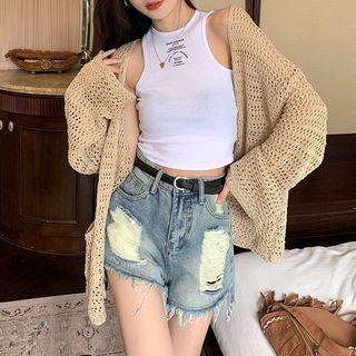 Lettering Halter Tank Top / Eyelet-knit Open-front Cardigan (various Designs)